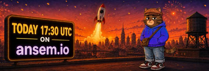 The image promotes the launch of $CHILLO today at 17:30 UTC on ansem.io, featuring a cartoon cat character in a blue hoodie standing on a rooftop with a rocket lifting off against a city skyline, symbolizing the token's launch and the excitement around it.