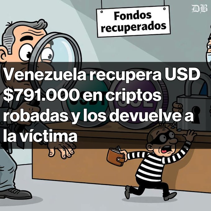 A Spanish-language news illustration titled "Fondos recuperados" shows a cartoon detective with a magnifying glass, captioned "Venezuela recupera USD $791.000 en criptos robadas y los devuelve a la víctima."