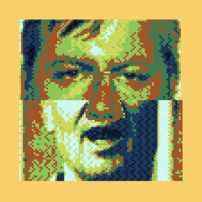 A pixelated, stylized portrait of a man's face rendered in a limited color palette of greens, oranges, blues, and yellows on an orange background.