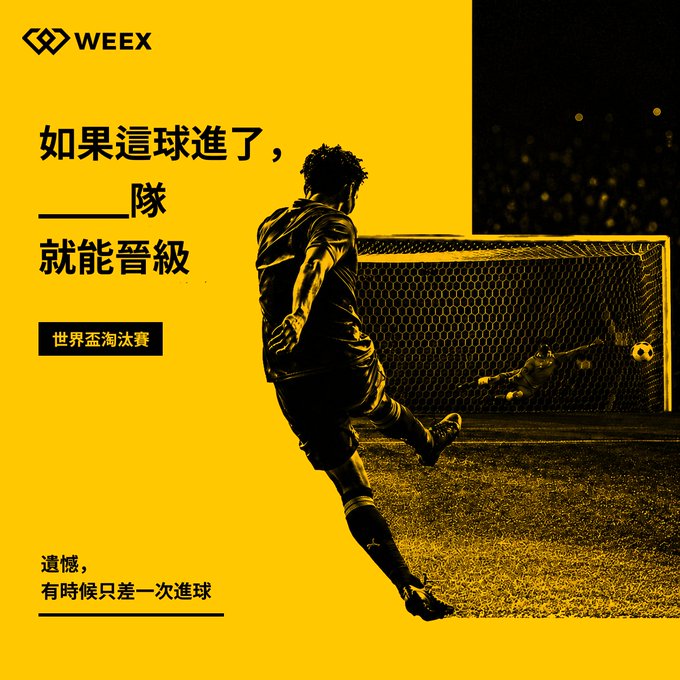 WEEX cryptocurrency exchange advertisement in yellow and black featuring a soccer player kicking a ball, with Chinese text translating to 'If this goal goes in, our team can advance to the next level' and 'World Cup knockout stage.'