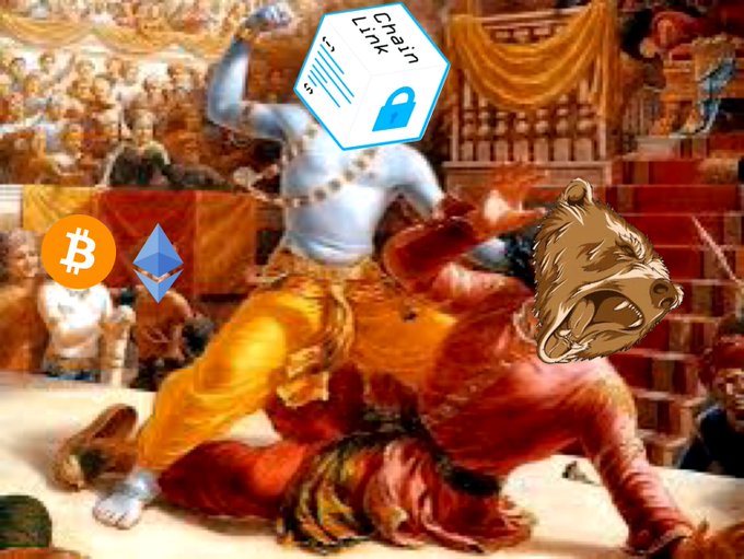 A composite image overlaying Bitcoin and Ethereum logos on a boxing ring scene, with a bear head superimposed on one fighter and a 'Chainlink' security badge above.