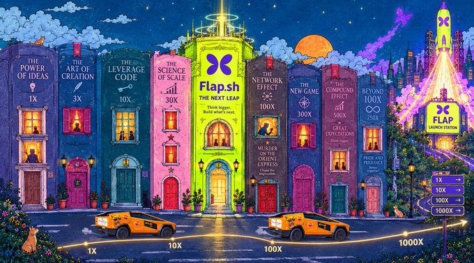 A vibrant, illustrated cityscape features colorful buildings labeled with growth stages ("1X," "3X," "10X," "30X," "100X," "300X," "500X," "750X," and "1000X") culminating in a rocket labeled "1000X" and a "Flap.sh" launch station, while two yellow taxis drive along a glowing road. The image aligns with the post by depicting the journey from small beginnings to a massive 1000X scale, encouraging viewers to follow the path to @flapdotsh.