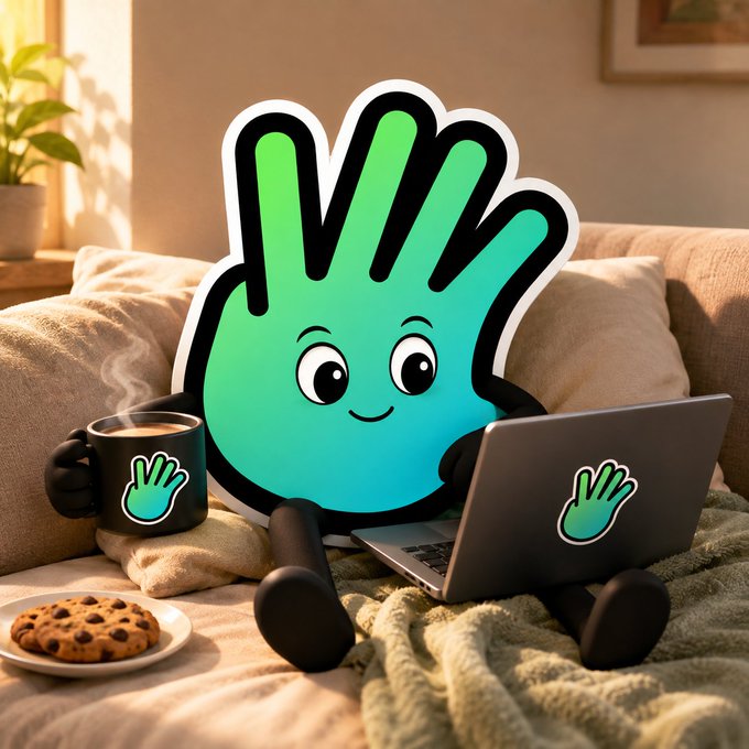 A friendly cartoon hand character sits on a cozy couch with a laptop and coffee mug, both branded with the same hand logo. The image pairs with the "GM #Four #FourCommunity" post to give a warm, welcoming morning greeting in a relaxed, branded setting.