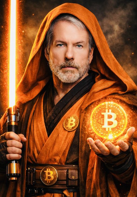 A digital illustration of a Jedi-like figure in brown robes holding an orange lightsaber, with glowing Bitcoin (₿) symbols floating in his hand and on his chest and belt.