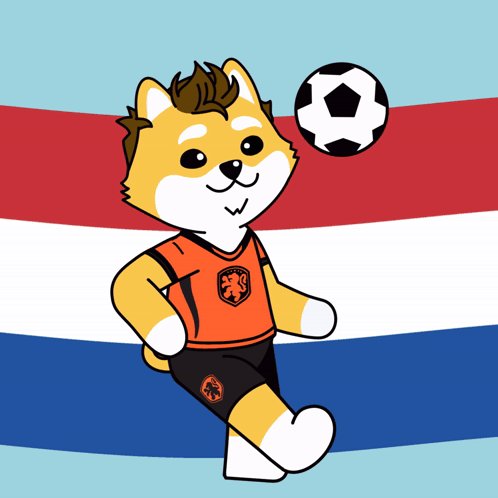 ikidoo, a cartoon character with brown and white fur, wears an orange jersey and black shorts while kicking a soccer ball against a blue and red striped background.