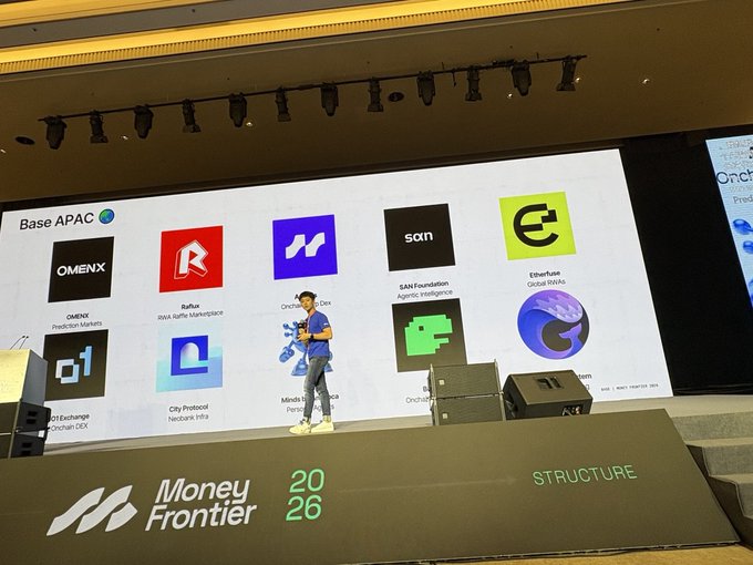 A presenter stands on stage at the 'Money Frontier 2026' conference in front of a large screen displaying 'Base APAC' and various project logos including OMENX, RailX, Onchain, SAN Foundation, and City Protocol.