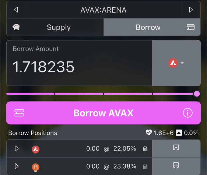 Mobile app interface for borrowing AVAX on the Arena platform, showing a 'Borrow Amount' of 1.718235, a pink 'Borrow AVAX' button, and positions at 22.05% and 23.38% interest rates.