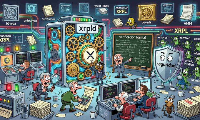A colorful cartoon depicts XRPL developers collaborating around a machine labeled "xrpld," with characters writing formal verification formulas on a chalkboard, examining bugs with a magnifying glass, and a shield labeled "seguridad" defending against green bug-like threats, visually representing the post's announcement of Common Prefix and the XRPL Foundation advancing formal verification of the xrpld implementation and XRPL consensus using Lean 4.