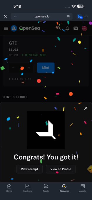 A mobile screenshot of OpenSea.io shows a successful NFT mint confirmation message reading "Congrats! You got it!" with confetti animation effects around a GTD collection priced at $5.03.