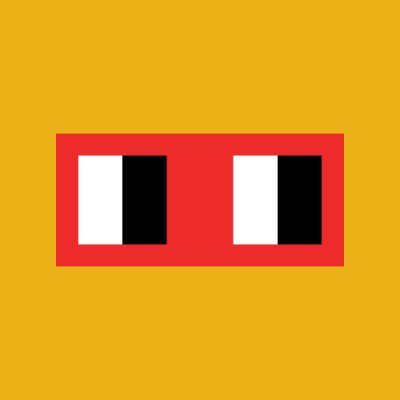 A minimalist graphic of a pixelated robot face with red rectangular glasses and black eyes on an orange background.