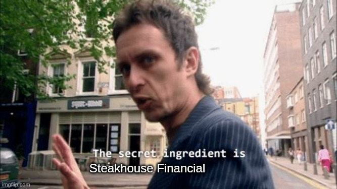 A man gestures intensely while the caption "The secret ingredient is Steakhouse Financial" appears, humorously likening the DeFi protocol Morpho's market penetration to a cooking secret now revealed.