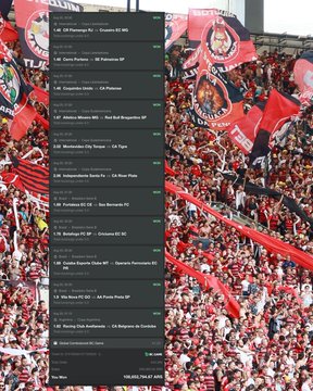 A capture of soccer match predictions overlaid on a stadium crowd with red flags, showing fixtures including CR Flamengo vs. Esporte Clube, Club Leon vs. Ol PlaSANRe, and other Brazilian football matches.