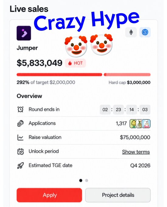 The image shows a "Live sales" dashboard for Jumper ($JUMP) displaying a current raise of $5,833,049, which is 292% of the original $2,000,000 target, with a hard cap of $3,000,000 and over 1,317 applications. This visual supports the post's argument for skipping the sale, as the funding has dramatically exceeded the original $3M target, aligning with concerns about the sale being oversubscribed.
