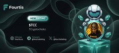 The image is a promotional graphic for Fourtis highlighting a 300% pump alert on $TC (TCryptochicks), featuring a futuristic astronaut character atop a token alongside the hashtags #Newlisting, #Altcoin, and #Memecoin, matching the post celebrating the token's market cap increase from $11.4M to $51.4M since listing.