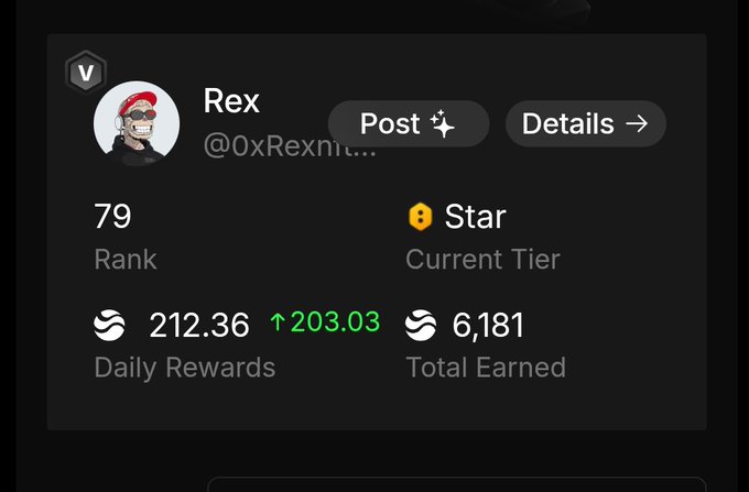 A screenshot of a social media app displaying the details about a user's status, including their name, posted time, and daily rewards. The post also includes a star rating and the current tier of rewards they have earned from the ecosystem.
