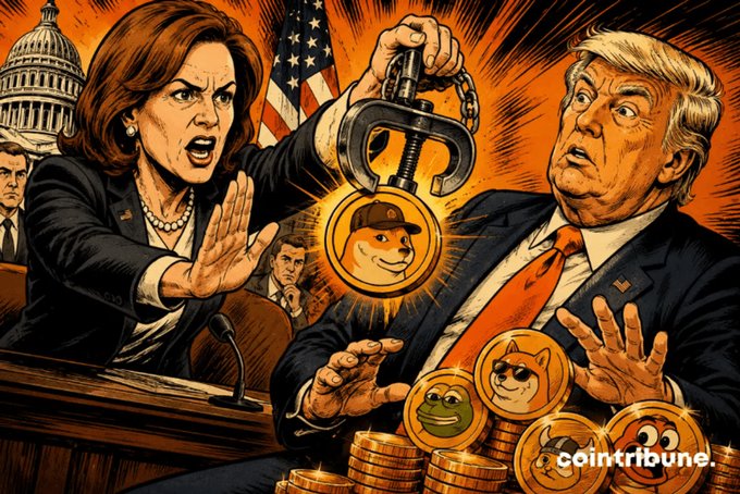 Comic-style illustration labeled 'cointribune' depicting two political figures facing off with a dogecoin symbol held between them and various meme coins at the bottom.