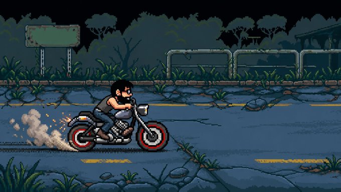 Pixel art animation style image of a man with glasses riding a smoking motorcycle on a cracked, overgrown road at night.