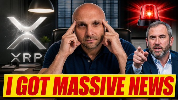 The image features a thumbnail-style graphic with a bald man in a blue shirt pressing his temples in a thoughtful pose, alongside a second man pointing toward the camera, with an XRP logo and flashing red siren graphic in the background. Bold red and yellow text at the bottom reads "I GOT MASSIVE NEWS," reinforcing the post's urgent message about XRP's built-in regulatory compliance advantage.