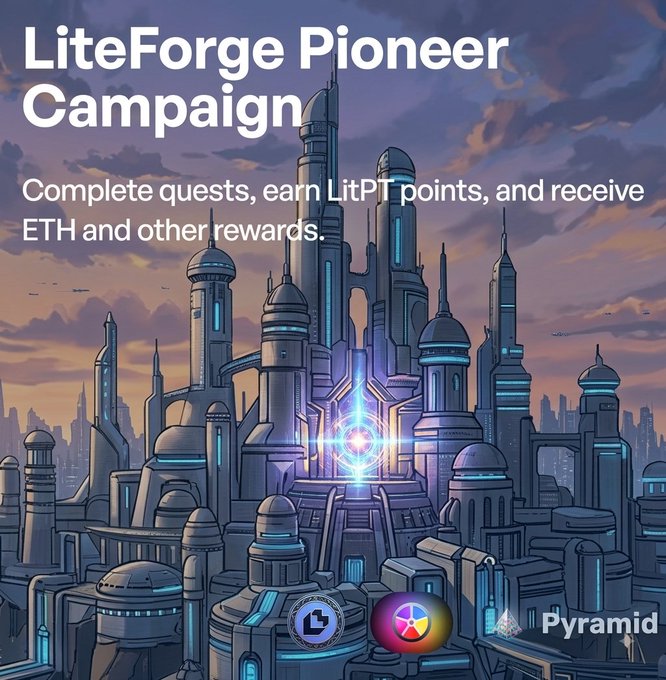Promotional artwork for the LiteForge Pioneer Campaign featuring a futuristic city with the text 'Complete quests, earn LitPT points, and receive ETH and other rewards' alongside Pyramid branding.