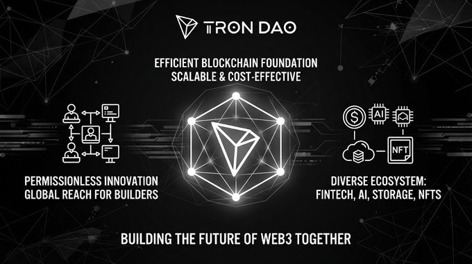 A promotional graphic for TRON DAO highlighting its 'EFFICIENT BLOCKCHAIN FOUNDATION', 'PERMISSIONLESS INNOVATION', and 'DIVERSE ECOSYSTEM' with the tagline 'BUILDING THE FUTURE OF WEB3 TOGETHER'.