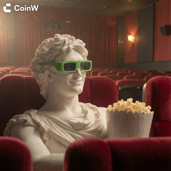 A CoinW advertisement featuring a classical statue wearing green 3D glasses, holding a bucket of popcorn while sitting in a red velvet movie theater seat.