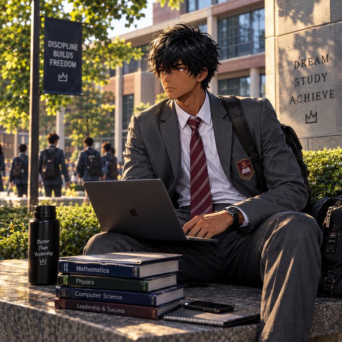 An anime-style illustration of a young man in a gray school uniform with red striped tie sitting on a stone ledge using a laptop, surrounded by textbooks labeled 'Mathematics,' 'Physics,' 'Computer Science,' and 'Leadership & Success,' with banners reading 'DISCIPLINE BUILDS FREEDOM' and 'DREAM STUDY ACHIEVE' in the background.