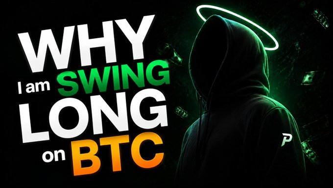 The image features a person wearing a hoodie with the text "Why I'm Swing Long on Btc" written above their head, which suggests that they are promoting or discussing Bitcoin. The background of the image is black, making the white text stand out prominently.