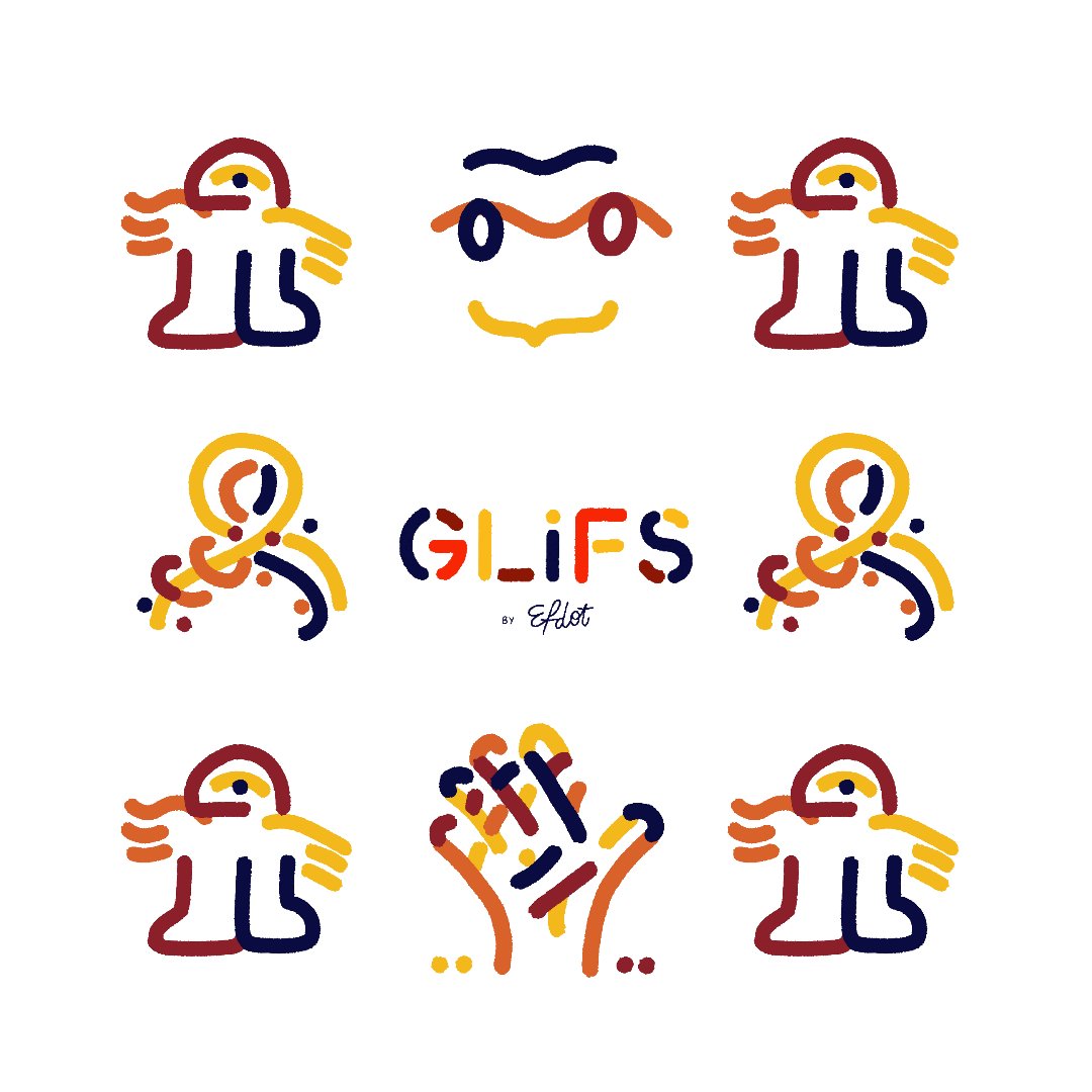 The image features a collection of nine different drawings, each depicting a unique character or object. The characters include a bird with a red head, a bird with a blue head, a bird with a yellow body, a bird with an orange body, a bird with a brown body, and two birds with red heads. These illustrations are arranged in a grid format on the image, showcasing various aspects of the characters or objects depicted. The text "GLiFS" is prominently displayed at the bottom center of the image, indicating that this collection of drawings belongs to the GLiFS project by @EfdotStudio.