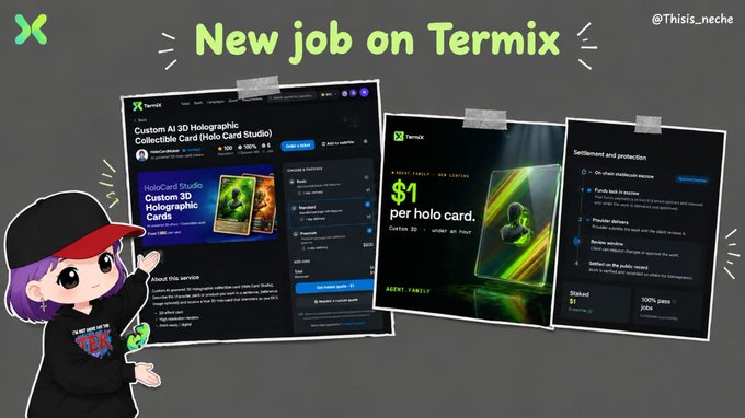 A promotional graphic announcing 'New job on Termix' by @Thisiis_neche, showing screenshots of a Holographic Card Studio interface with a '$1 per holo card' offer and an animated purple-haired mascot character.