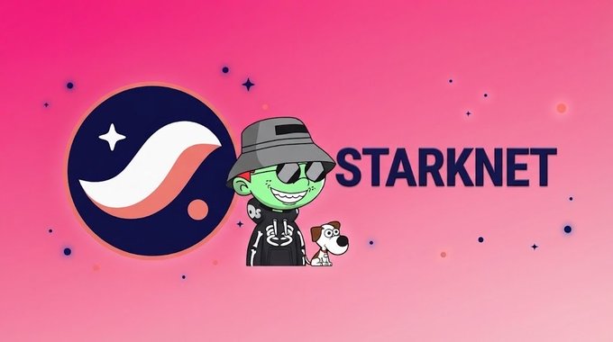 A promotional graphic featuring a cartoon character with green skin wearing a hat and sunglasses alongside a dog, with 'STARKNET' branding on a pink background.