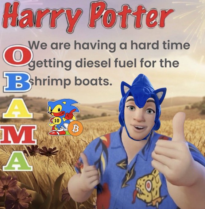 An 'OBAMA' meme featuring text that says 'Harry Potter' and 'We are having a hard time getting diesel fuel for the shrimp boats,' alongside a Sonic the Hedgehog graphic and a person in a Sonic hat giving a thumbs up.