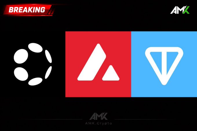 A graphic titled "BREAKING" featuring three cryptocurrency logos: Polkadot (white), Avalanche/AVAX (red), and a blue token logo, watermarked with "AMK.Crypto" and an "AMK" logo.