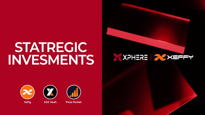 A red and black promotional graphic titled "STRATEGIC INVESTMENTS" showcases logos for Xphere, XEFFY, X&X Vault, and Pixie Pocket, highlighting the broader ecosystem backing these projects. The image visually supports the post's message about XPHERE's strategic positioning beyond just transaction speed, emphasizing its interconnected investment portfolio that enables real-world asset (RWA) utility within crypto.
