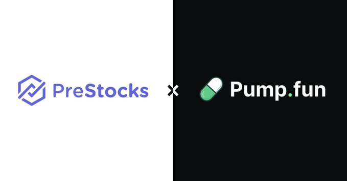 The image features a side-by-side collaboration graphic with PreStocks (blue logo) on a white background and Pump.fun (green pill logo) on a black background, separated by an "×" symbol indicating a partnership. The visual directly represents the announcement that PreStocks tokens can now be launched as memecoins through Pump.fun's launchpad platform.