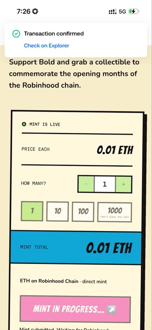 A mobile screen showing a completed NFT mint transaction, with "Mint In Progress..." for a Bold collectible on Robinhood Chain priced at 0.01 ETH.