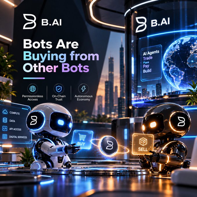 A futuristic promotional graphic for "B.AI" featuring two robot characters trading between BUY and SELL buttons, with text "Bots Are Buying from Other Bots" and features including Permissionless Access, On-Chain Trust, and Autonomous Economy.
