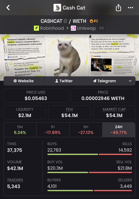 CashCat (CASHCAT/WETH) token profile on DexScreener showing a price of $0.05463, $2.1M liquidity, $54.1M market cap, with 24H change of -49.77%, 37,375 transactions, and 5,343 traders.