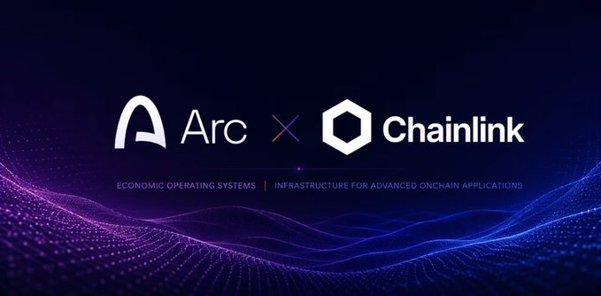 Dark blue promotional graphic featuring the logos for 'Arc' and 'Chainlink' with the tagline 'Economic Operating Systems | Infrastructure for Advanced Onchain Applications'.