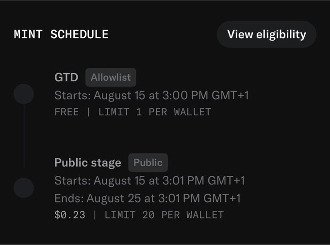A mint schedule showing a GTD Allowlist phase starting August 15 at 3:00 PM GMT+1 (free, limit 1 per wallet) and a Public stage starting August 15 at 3:01 PM GMT+1, ending August 25 at 3:01 PM GMT+1, priced at $0.23 with a limit of 20 per wallet.