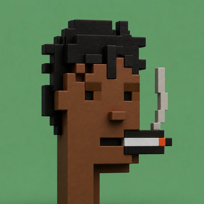 A 3D voxel-style rendering of a brown-skinned character with blocky black hair smoking a cigarette against a solid green background.