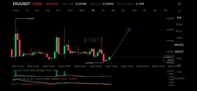 A candlestick chart from Bybit displays ZIG/USDT trading at $0.04027 (-1.23%) on the 1-hour timeframe, with a blue arrow illustrating a potential upward reversal from the 24h low of $0.03956, visually supporting the caption's narrative of a bullish reaccumulation pattern.