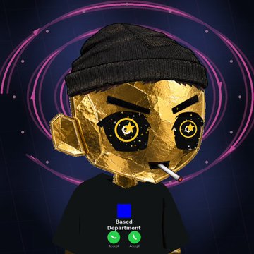 A pixel-art character with a gold-textured face, a black beanie, and a cigarette wears a black 'Based Department' t-shirt against a dark purple background with glowing circular patterns.