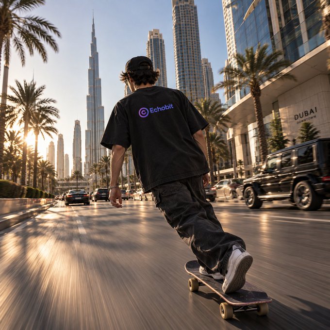 A skateboarder in a black "Echohbit" t-shirt cruises down a sunlit Dubai street, framed by palm trees, skyscrapers, and the iconic Burj Khalifa in the background. The image perfectly embodies the caption's message of unapologetic momentum and freedom—capturing the rush of Saturday with motion blur on the pavement and the city as the ultimate open road.