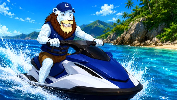 A cartoon bear mascot wearing a blue cap and life vest rides a jet ski across turquoise water near a tropical beach.