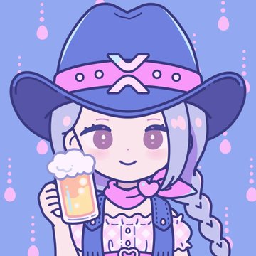 A chibi-style anime girl wearing a blue cowboy hat and pink heart earrings holds up a foaming mug of beer against a light blue background with pink raindrop patterns.