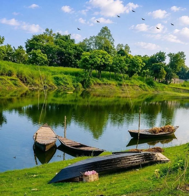 The image features a serene scene of several boats floating on a river, with trees lining the banks. There are at least six boats visible in the water, some closer to the shore while others are further away. The sky above is blue with fluffy white clouds, creating a peaceful atmosphere. In the background, there are birds flying freely and enjoying the beautiful day.

The image also includes text that reads "Good Morning X Legend Most projects talk about the future. While others chase attention, real builders create value. New day. New mindset. New opportunities". This message seems to be related to the boats on the river or perhaps a metaphor for life in general. The presence of birds flying overhead further emphasizes the sense of freedom and possibility that can be found in nature.