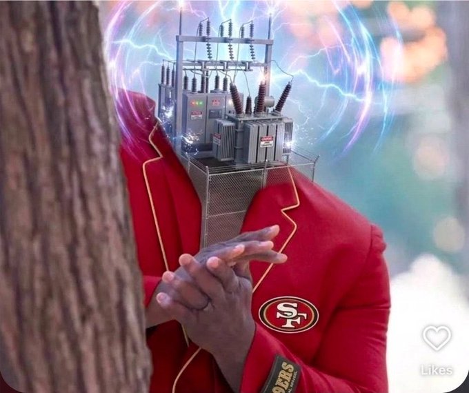 A surreal image showing a person in a red jacket with a San Francisco 49ers logo, whose head is replaced by an electrical transformer generating lightning.