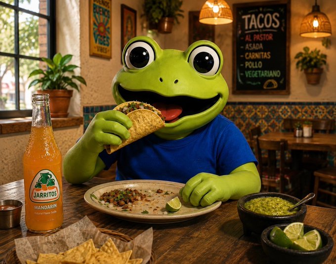 An animated green frog wearing a blue shirt enjoys a meal at a Mexican restaurant, eating a taco while seated at a wooden table with a bottle of Jarritos Mandarin soda, chips, guacamole, and lime wedges. A chalkboard menu behind lists tacos such as Al Pastor, Asada, Carnitas, Pollo, and Vegetariano.
