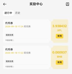 A smartphone screenshot of a reward center page in Chinese (奖励中心) showing two cryptocurrency vouchers—3.938432 XPL and 0.000937 BNB—issued on September 18, 2026.