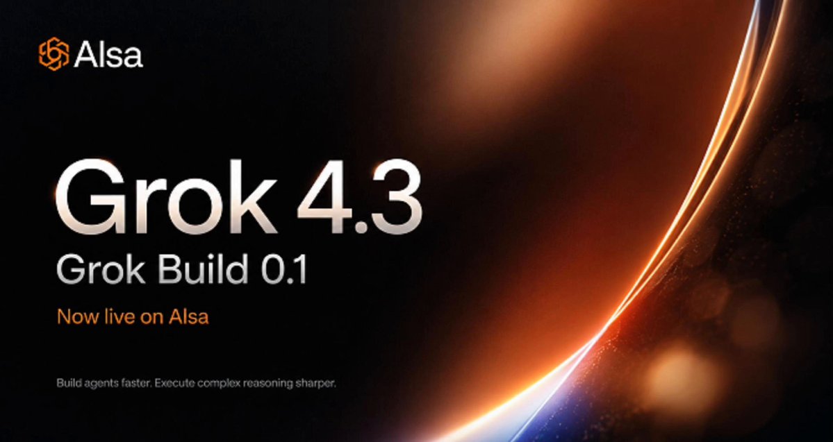 The image features a poster for Grok 4.3 and Grok Build 0.1 that has an orange background with a black border, and the text "Grok 4.3 and Grok Build 0.1 just landed on AIsa". The poster is promoting these tools to help users execute complex reasoning more efficiently and scale their agentic infrastructure.